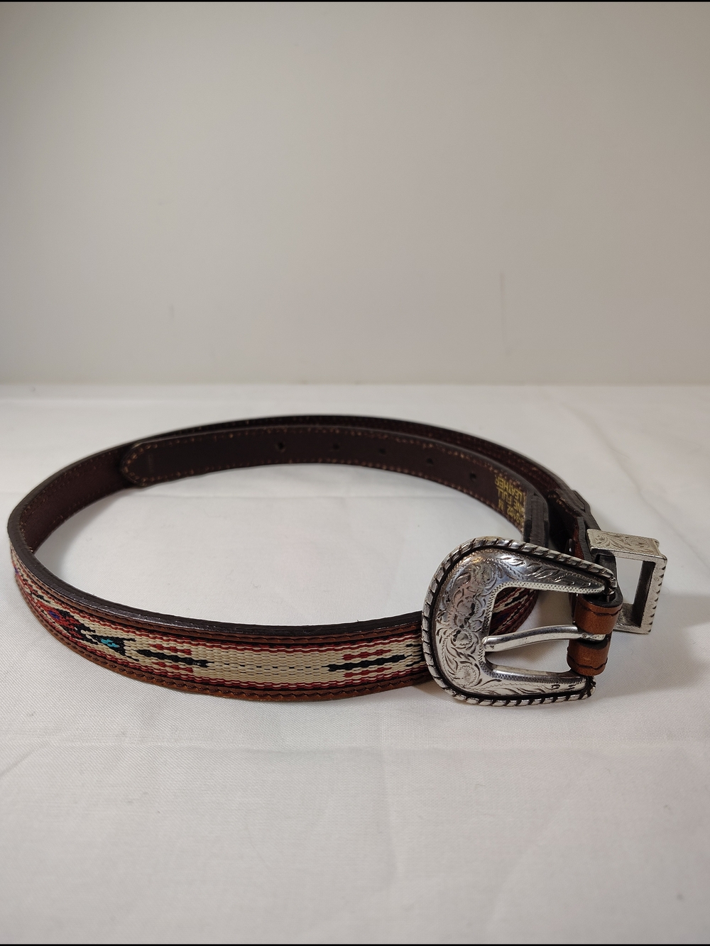 Women's Brown Leather Southwestern Tapestry Belt with Silver Buckle